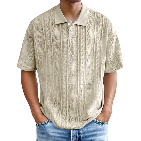 Domuza Mens Textured Knit Polo Shirts Loose Fit Breathable Stretch Casual Fashion Summer Collared Shirt Beige M