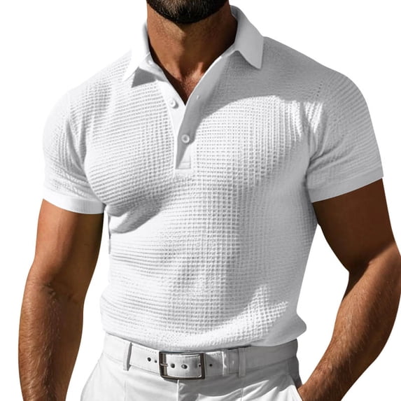 Domuza Mens Textured Polo Shirt Lightweight Casual Knit Short Sleeve Button Down Tops Summer Loose Fit Waffle Knit Pullover Tees White M