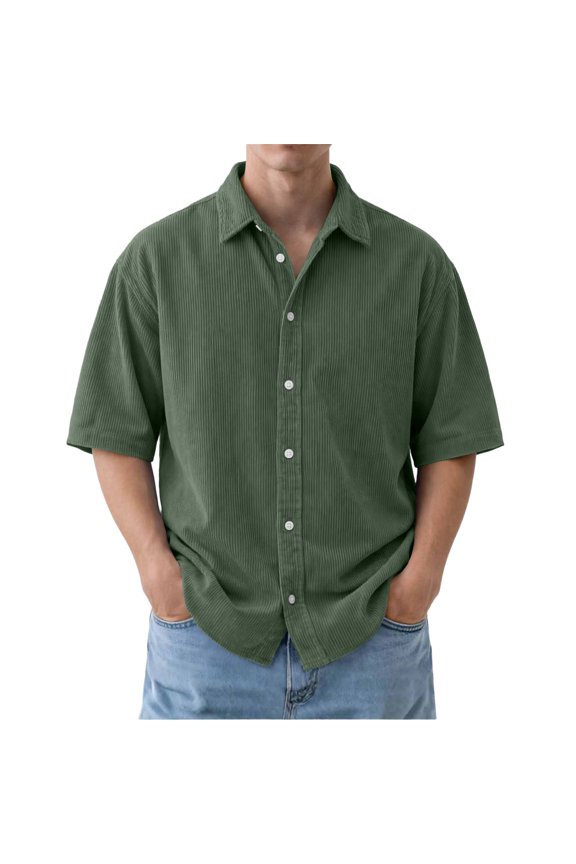 Mens Textured Short Sleeve Shirts Corduroy Casual Solid Button Polo Shirt Comfy Wrinkle Free Tops Army Green 4XL
