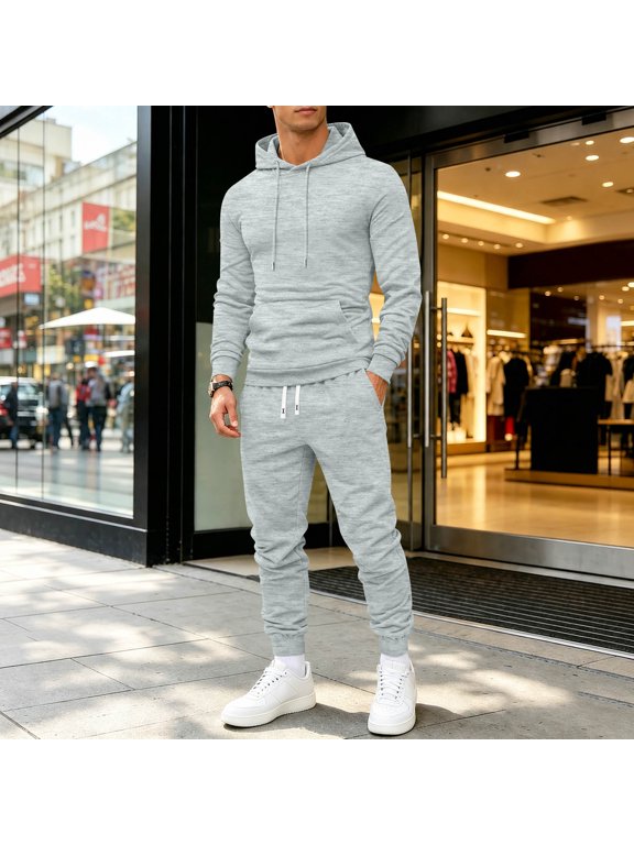 Mens Track Suits 2 Piece Set Long Sleeve Drawstring Hoodies and Sweatpants Fall Athletic Gym Activewear