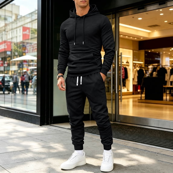 Domuza Mens Track Suits 2 Piece Set Long Sleeve Drawstring Hoodies and Sweatpants Fall Athletic Gym Activewear