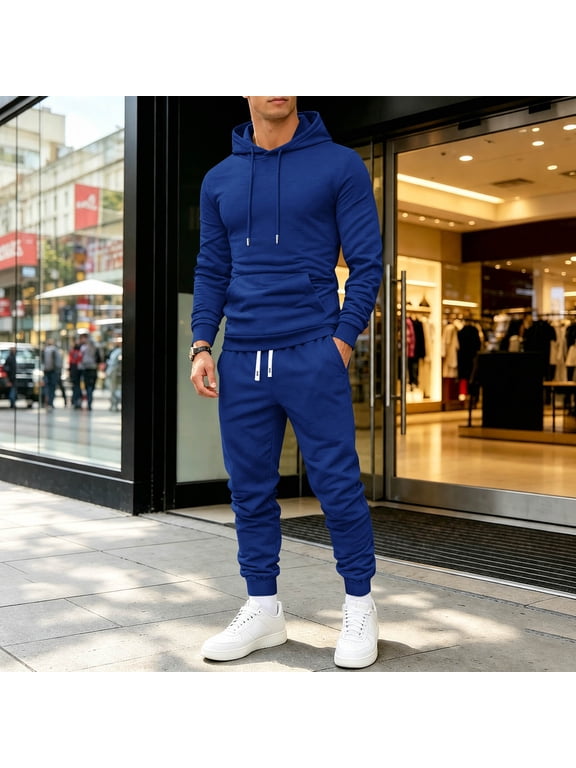 Mens Track Suits 2 Piece Set Long Sleeve Drawstring Hoodies and Sweatpants Fall Athletic Gym Activewear