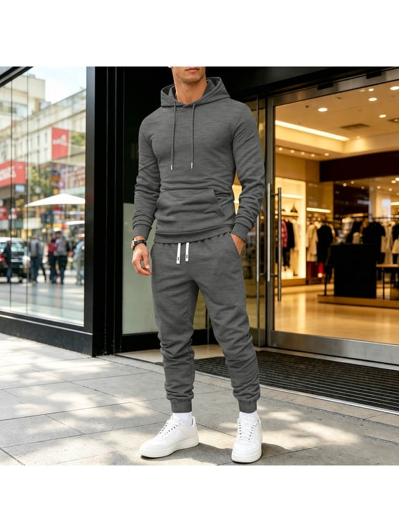 Mens Track Suits 2 Piece Set Long Sleeve Drawstring Hoodies and Sweatpants Fall Athletic Gym Activewear