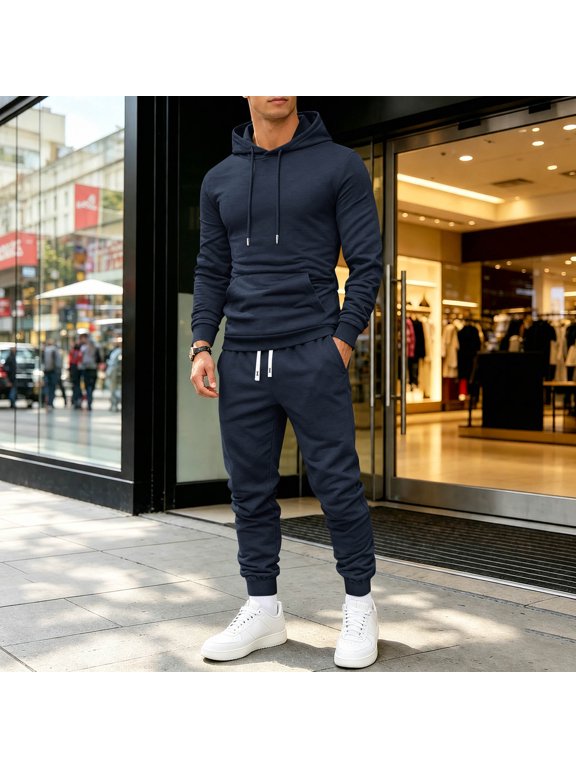 Mens Track Suits 2 Piece Set Long Sleeve Drawstring Hoodies and Sweatpants Fall Athletic Gym Activewear