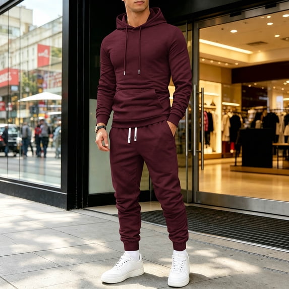 Domuza Mens Track Suits 2 Piece Set Long Sleeve Drawstring Hoodies and Sweatpants Fall Athletic Gym Activewear