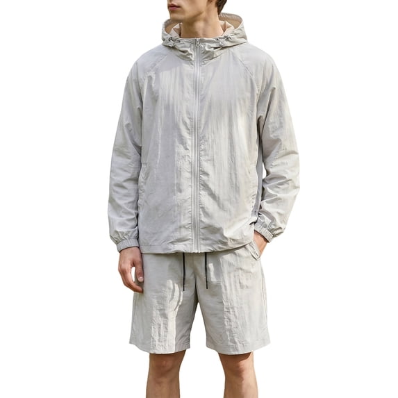 Domuza Mens Tracksuit Casual 2 Piece, UPF 50+ Sun Protection Full Zip Hoodie Matching Shorts Set Lightweight Windbreaker Jacket Set Light Gray 2XL