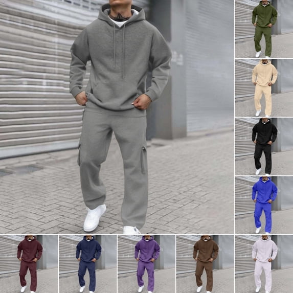 Domuza Mens Tracksuits 2 Piece Set Fleece Hooded Sweatshirt and Joggers Sweatpants Set Casual Athletic Sweatsuit Fall Winter Jogging Suit Gray S