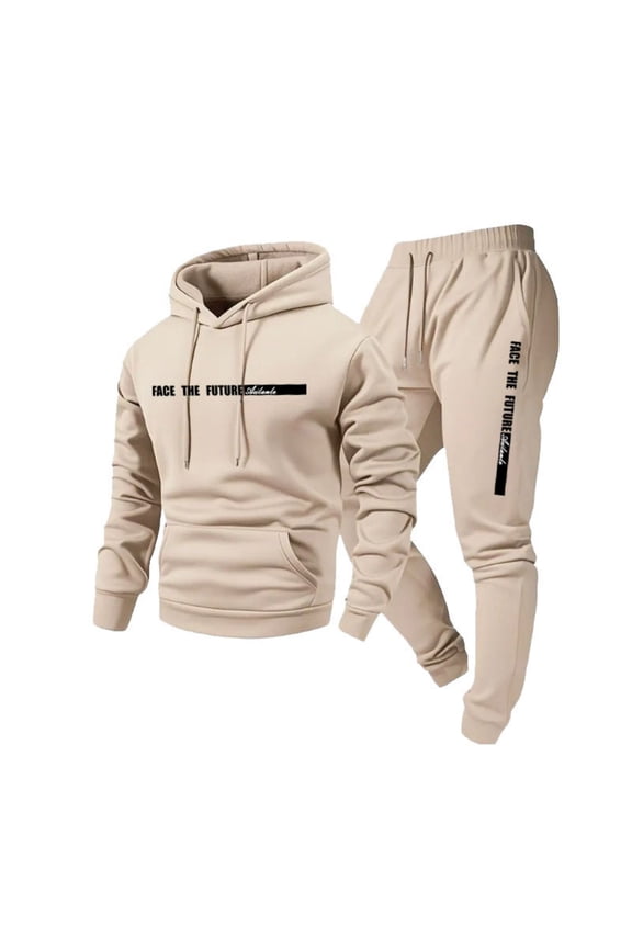 Mens Tracksuits 2 Piece Set Long Sleeve Fleece Solid Drawstring Hoodies & Sweatpants Set Relaxed Fit Sports Casual Jogging Suit Hooded Set Khaki XL