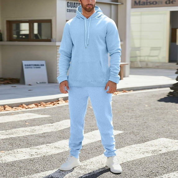 Domuza Mens Tracksuits 2 Piece Set Pure Color Fleece Drawstring Hoodies Pullover & Jogger Sweatpants Workout Casual Sweat Suits Jogging Suit Light Blue 3XL