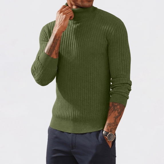 Domuza Mens Turtleneck Pullover Sweater, Slim‑Fit Stretch Long‑Sleeve Solid Rib‑Knit Top, Lightweight Basic Casual Warm Sweater for Autumn Winter