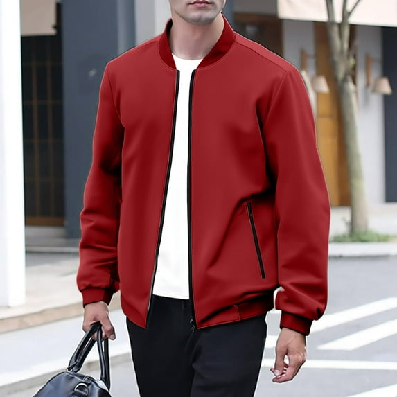 Domuza Mens Varsity Bomber Jacket Casual Stylish Light Flight Windbreaker Full Zip Coat Fall Winter Vintage Softshell Loose Fit Outerwear with Pocket - Vermilion XL