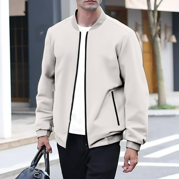 Domuza Mens Varsity Bomber Jacket Casual Trendy Lightweight Windbreaker Zip Up Coat Spring Fall Vintage Softshell Loose Fit Outerwear with Pockets - Beige 2XL