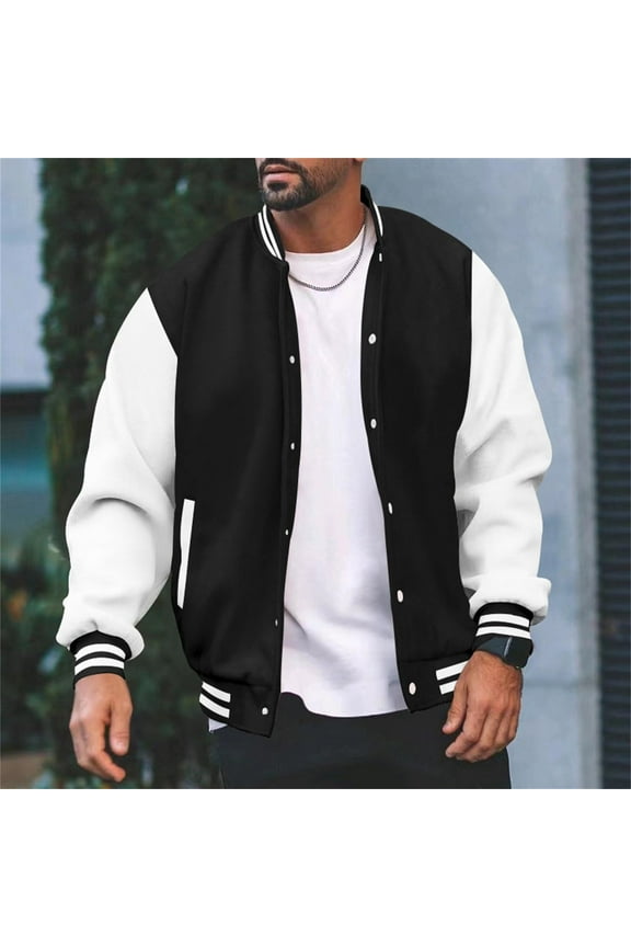 Mens Varsity Bomber Jacket Trendy Casual Slim Fit Letterman Baseball Bomber Jackets Classic College Style Lightweight Button Up Coat Black XL