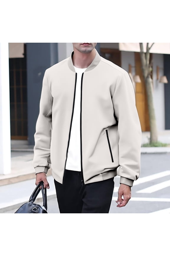 Mens Varsity Jacket Trendy Casual Lightweight Windbreaker Zip Up Coat Spring Fall Vintage Softshell Loose Fit Outerwear with Pockets - Beige L
