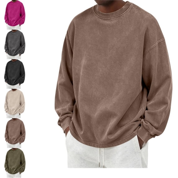Domuza Mens Vintage Acid Wash Cotton Crewneck Sweatshirt Long Sleeve Ribbed Collar Cuffs Sweatshirt Drop Shoulder Y2K Streetwear Top