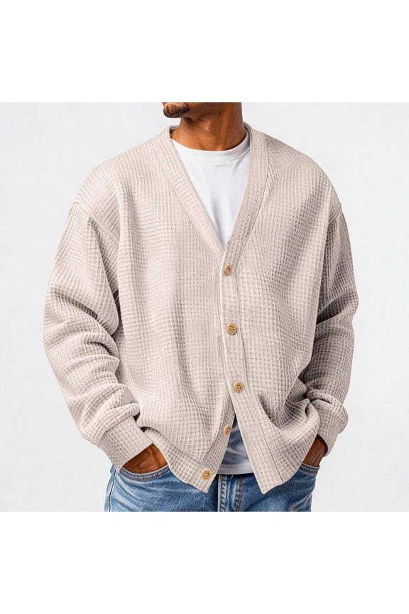 Mens Waffle Cardigan Sweaters Lightweight Long Sleeve Cardigans Fall Winter Loose Open Front Cardigan Sweaters with Buttons Beige M
