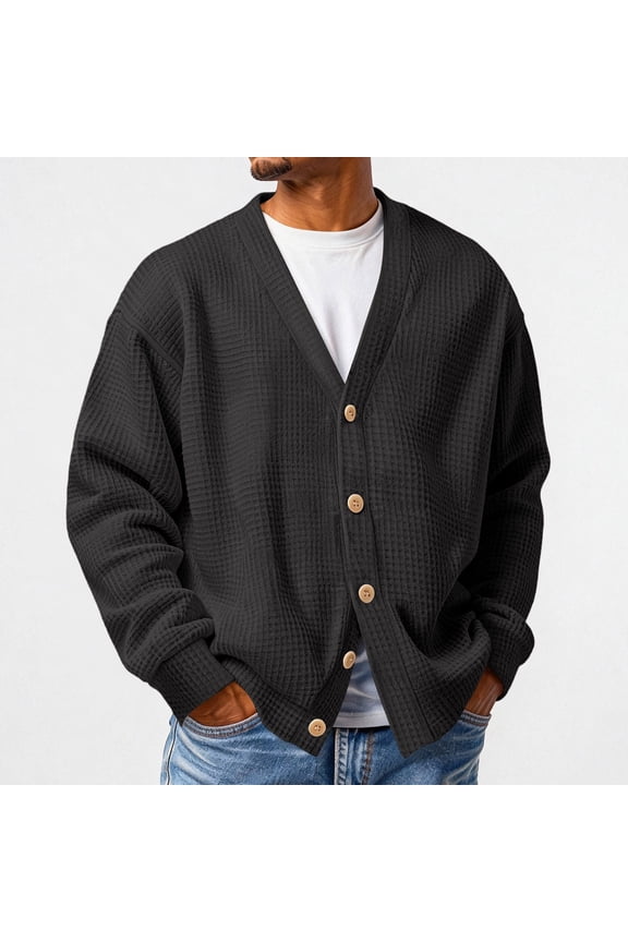 Mens Waffle Cardigan Sweaters Lightweight Long Sleeve Cardigans Fall Winter Loose Open Front Cardigan Sweaters with Buttons Black 4XL