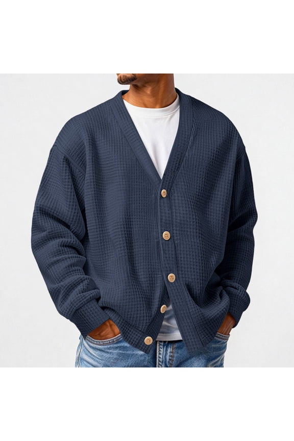 Mens Waffle Cardigan Sweaters Lightweight Long Sleeve Cardigans Fall Winter Loose Open Front Cardigan Sweaters with Buttons Navy 3XL