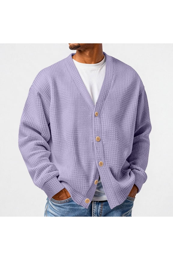 Mens Waffle Cardigan Sweaters Lightweight Long Sleeve Cardigans Fall Winter Loose Open Front Cardigan Sweaters with Buttons Purple S