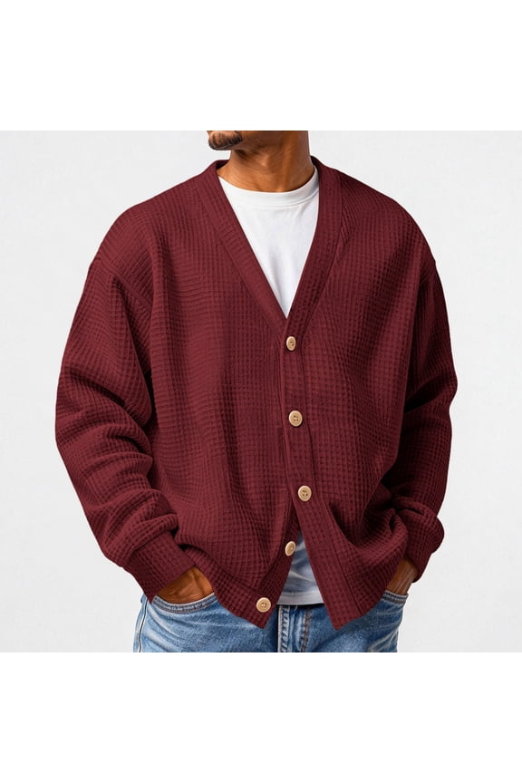 Mens Waffle Cardigan Sweaters Lightweight Long Sleeve Cardigans Fall Winter Loose Open Front Cardigan Sweaters with Buttons Wine 5XL