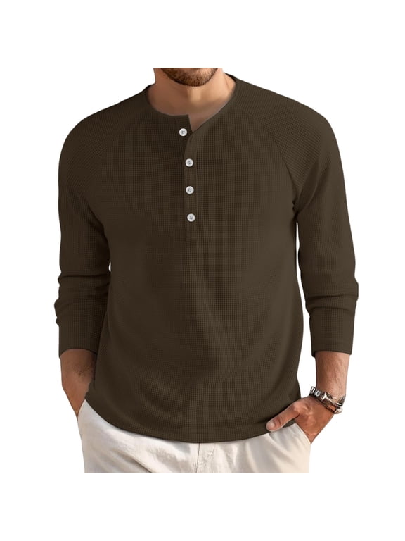 Mens Waffle Henley Shirts Casual Fashion Long Sleeve Button Down Tshirts Fall Thermal Comfy Basic Lightweight Slim Fit Pullover Dark Green XXL