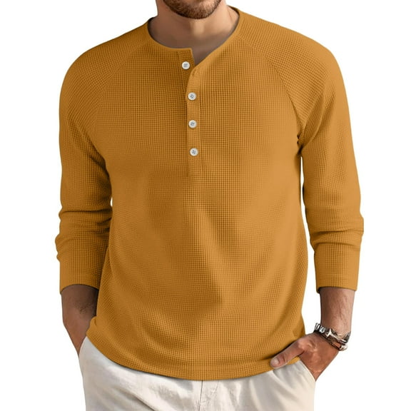 Domuza Mens Waffle Henley Shirts Casual Fashion Long Sleeve Button Up Tops Fall Thermal Comfy Lightweight Basic Slim Fit Pullover Ginger XL