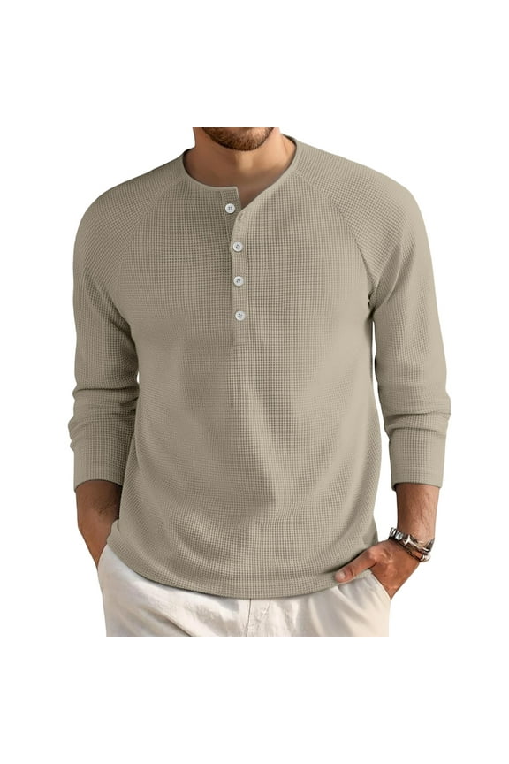 Mens Waffle Henley Shirts Casual Stylish Long Sleeve Button Down T-Shirt Fall Thermal Comfy Lightweight Basic Slim Fit Pullover Khaki L