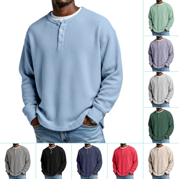 Domuza Mens Waffle Henley Shirts Long Sleeve Button Up Knitted Textured T Shirts Spring Fall 2026 Fashion Relaxed Fit Comfy Blouse