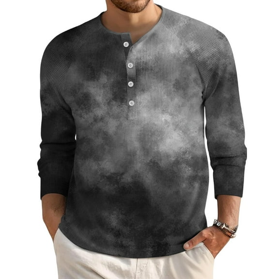 Domuza Mens Waffle Henley Shirts Long Sleeve Casual Fashion Button Down T-Shirt Fall Lightweight Loose Fit Raglan Tie Dye Pullover Gray M