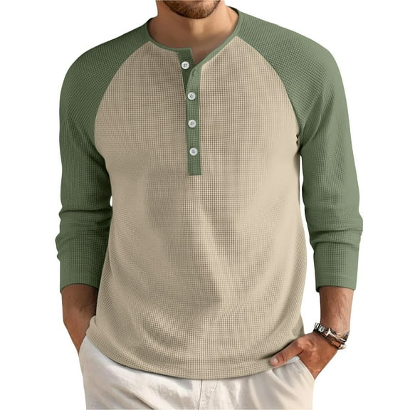 Domuza Mens Waffle Henley Shirts Long Sleeve Casual Stylish Button Down T Shirt Fall Lightweight Relaxed Fit Raglan Color Block Pullover Khaki 3XL
