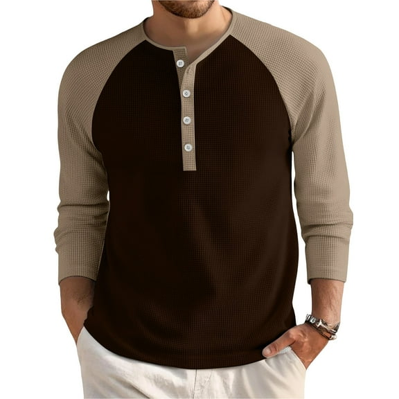 Domuza Mens Waffle Henley Shirts Long Sleeve Stylish Casual Button Up T-Shirt Fall Lightweight Loose Fit Raglan Contrast Color Blouse Coffee XL