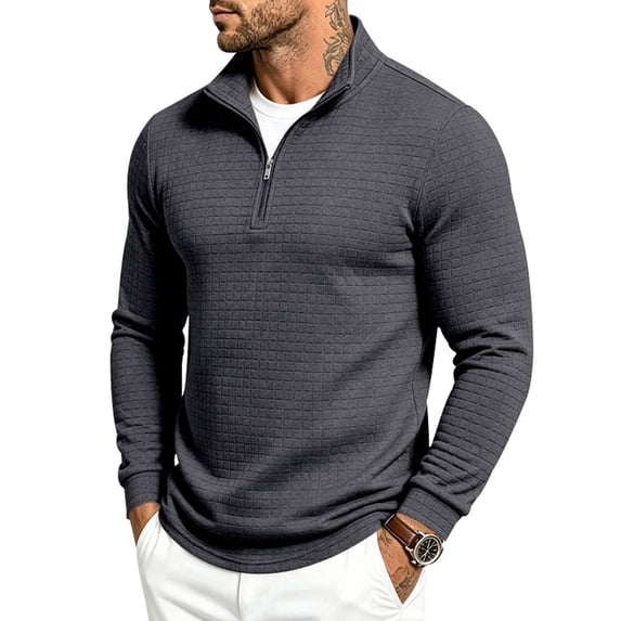 Domuza Mens Waffle Knit Quarter Zip Pullover Sweater, Mock Stand Collar Long‑Sleeve Sweatshirt, Fall Winter Quilted Casual Polo Tops