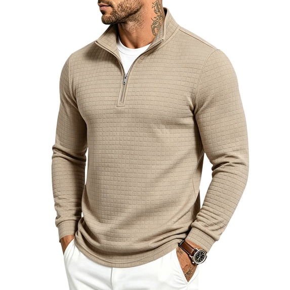 Domuza Mens Waffle‑Knit Quarter‑Zip Sweater, Stand Collar Long Sleeve Pullover, Ribbed Cuffs Casual Sweatshirt, Loose‑Fit Fashion Polo Tops