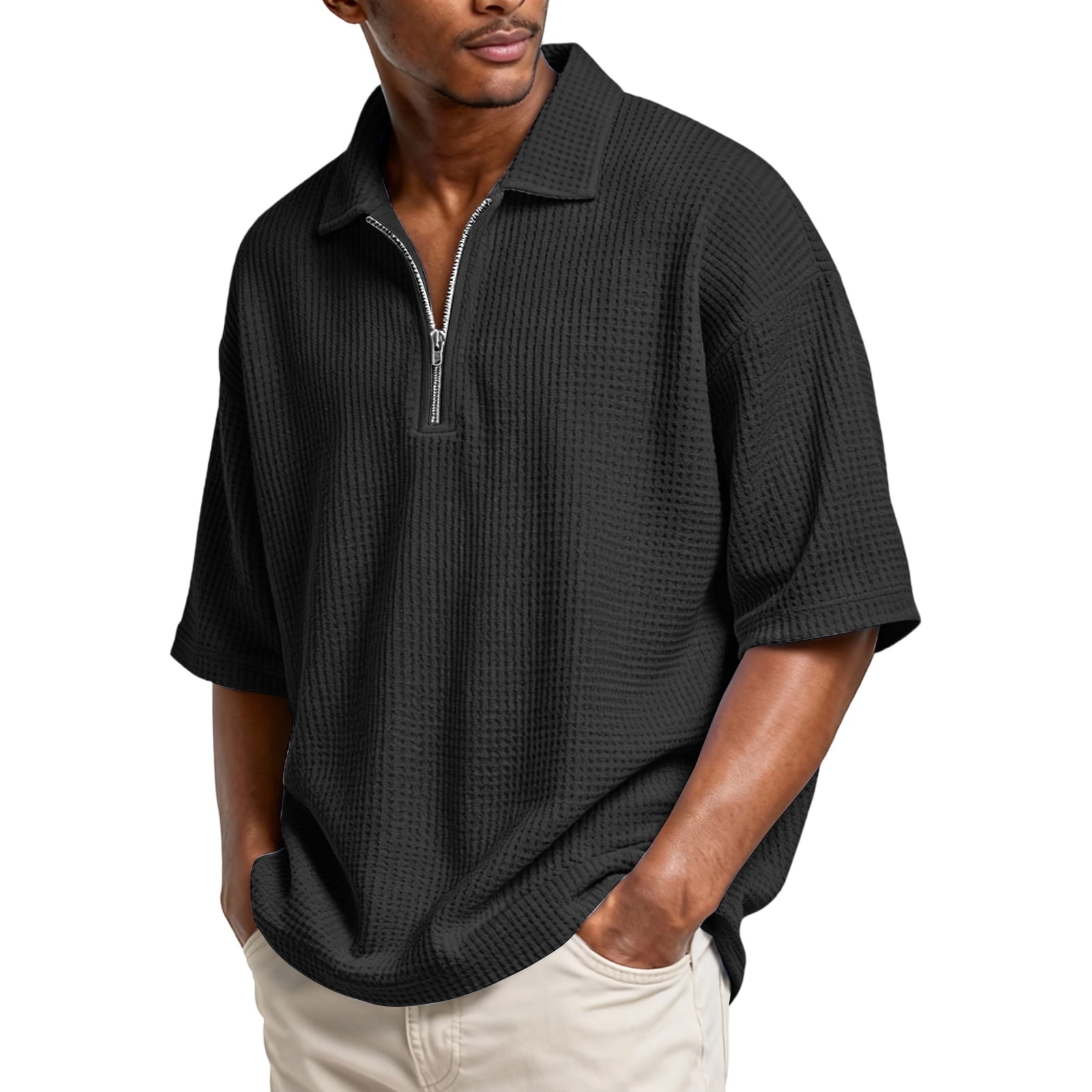 Domuza Mens Waffle Polo Shirts Short Sleeve 1/4 Zip Up Lapel T