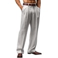 thumbnail image 1 of Domuza Mens Wide Leg Dress Pants Relaxed Fit Fashion Vintage Work Slacks Cotton Linen Pleated Baggy Lined Trousers Light Gray XL, 1 of 5