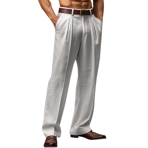 Domuza Mens Wide Leg Dress Pants Relaxed Fit Fashion Vintage Work Slacks Cotton Linen Pleated Baggy Lined Trousers Light Gray XL