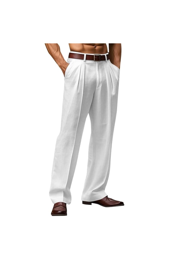 Mens Wide Leg Dress Pants Relaxed Fit Fashion Vintage Work Trousers Cotton Linen Pleated Baggy Lined Slacks White L