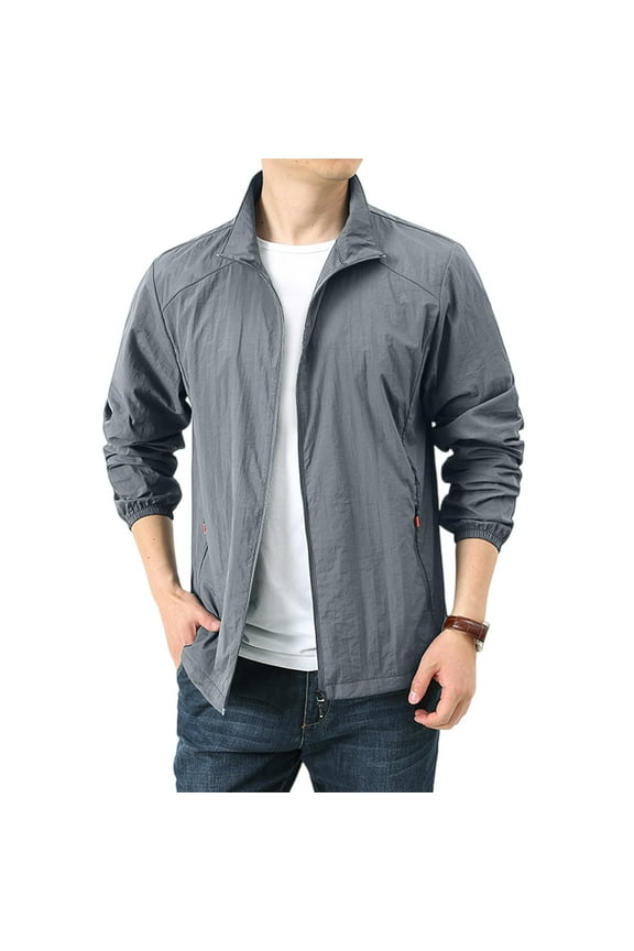 Mens Windbreaker Jackets Lightweight Packable Standing Collar Hiking Jacket Waterproof Dustproof Windproof Full Zip Shirts Travel Coat with Pocket Dark Gray XXL