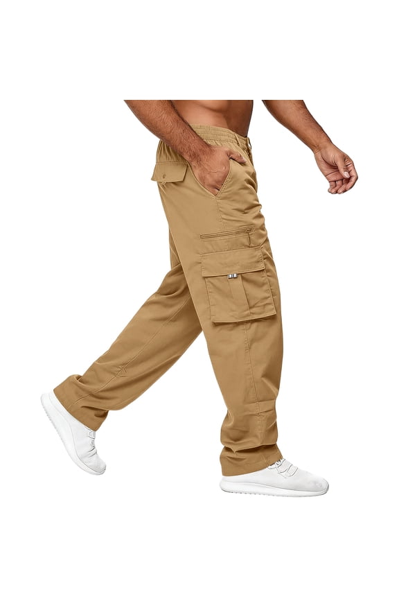 Mens Work Cargo Pants Casual High Waisted Wide Leg Cargo Pants with Pockets Hiking Trousers Quick Dry Cargo Khaki L