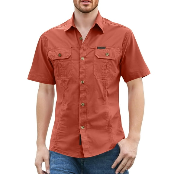 Domuza Mens Work Shirts Short Sleeve Breathable Lightweight Button Down Hiking Shirt Classic Western Casual Retro Loose Fit T Shirt with Chest Pockets M