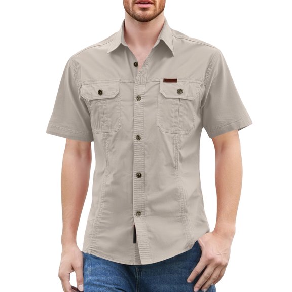 Domuza Mens Work Shirts Short Sleeve Lightweight Breathable Button Up Hiking Shirt Western Classic Casual Vintage Loose Fit T-Shirt with Pockets XL