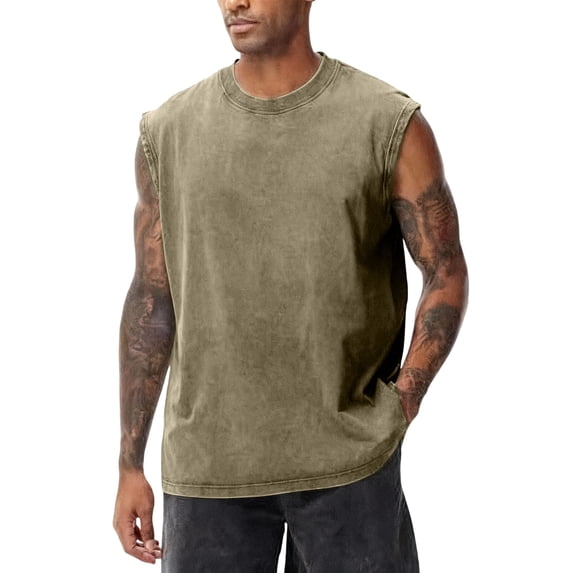 Domuza Mens Workout Tank Tops Sleeveless Tee Shirts Men Muscle Shirt Gym Acid Wash T Shirts Running Beach Loose Fit Tee Army Green L