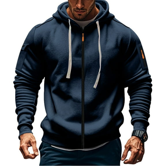 Domuza Mens Zip Up Hoodie Casual Trendy Long Sleeve Drawstring Hooded Sweatshirt Fall Winter Thermal Big and Tall Solid Jacket with Pockets Navy XL