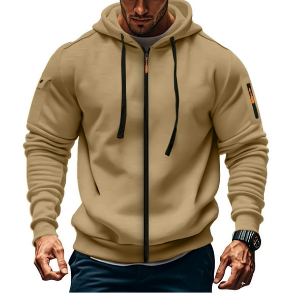 Domuza Mens Zip Up Hoodie Stylish Casual Long Sleeve Drawstring Hooded Sweatshirt Fall Winter Thermal Loose Fit Solid Outerwear with Pockets Khaki XL
