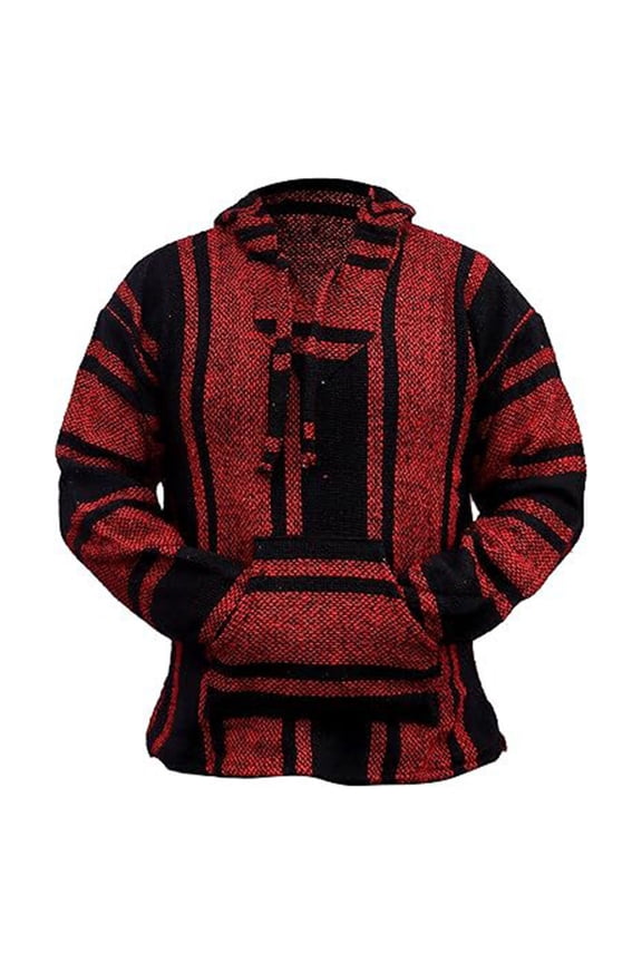 Mexican Baja Hoodie for Men Long Sleeve Classic Mexican Baja Drawstring Hooded Pullover Casual Fashion Relaxed Fit Pullover Sweater Jerga Wine L