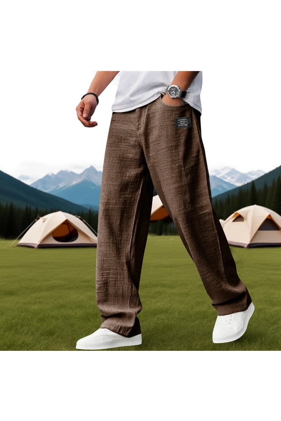 Mens Pants Casual Hemp Embroidered Logo Relaxed Fit Pants New Fashion Elastic Waist Drawstring Trousers with Pockets Brown L