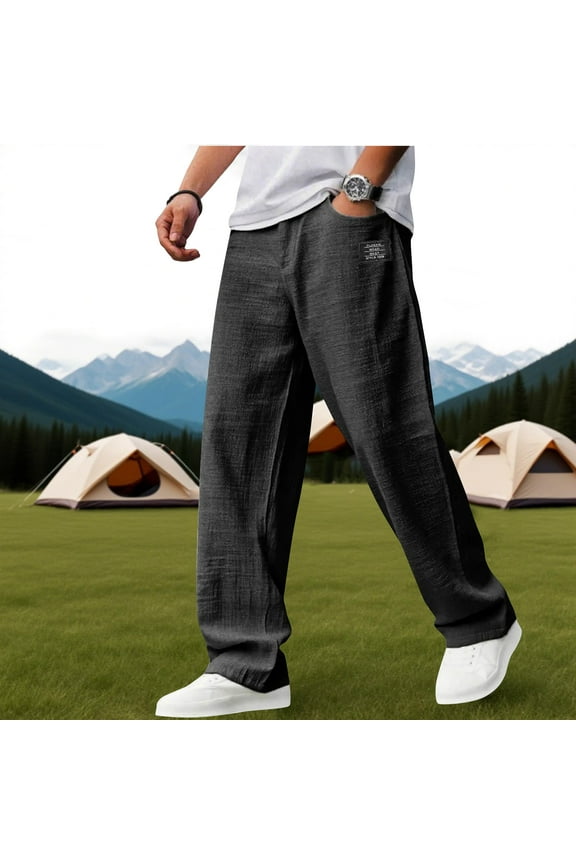 Mens Pants Casual Hemp Fabric Embroidered Logo Relaxed Fit Pants New Trendy Stretch Waist Drawstring Trousers with Pockets Black 4XL