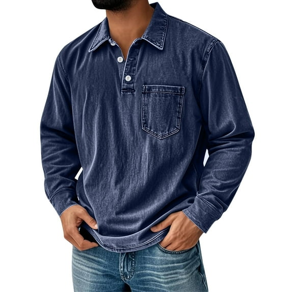 Domuza Mokaloha Mens Shirts Long Sleeve Vintage Distressed Washed Polo Shirts Cotton Casual Relaxed Fit Button Up Collared Tops with Pockets Navy 3XL