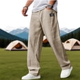 thumbnail image 1 of Domuza Pants for Men Casual Hemp Fabric Embroidered Logo Relaxed Fit Pants New Stylish Stretch Waist Drawstring Trousers with Pockets Khaki 4XL, 1 of 6