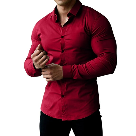 Domuza Muscle Dress Shirts Men Slim Fit Stretch Long Sleeve Button Down Shirts Casual Solid Color Lapel Business Athletic Blouse Wine 3XL